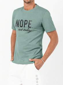 SHEIN Cottnline Men's Letter Print Round Neck Short Sleeve Casual Versatile T-Shirt - Mint Green - View 3