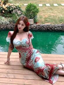 DAZY Vestido de sirena con bajo con volantes, hombros descubiertos, ajustado y calado de encaje, estampado artístico vintage con estampado de flores diminutas en gasa, con chal y volantes