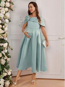 SHEIN Pregnant Women's Solid Color Ruched Off Shoulder Elegant Maternity Dress - Mint Green - View 4