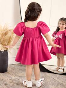 SHEIN Gaun Bayi Perempuan Longgar Kasual Nyaman dengan Leher Persegi dan Hiasan Pita - Hot Pink - View 2