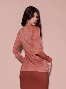 KIZN Scoop Neck Long Sleeve Lurex Button Open Front Cardigan - Rust Brown - View 2