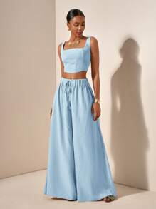 Zivah 2pcs Spring/Summer Vacation Casual Fishbone Straps Crop Top And Wide Leg Pants With Pockets Set - B, Textured Fabric Island Vacation Outfits - Blue - View 3