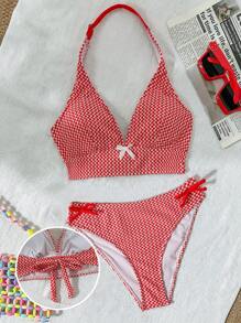 SHEIN Conjunto de 2 piezas de traje de baño para adolescentes con escote de corbata, corte lateral y estampado rojo a cuadros para vacaciones en la playa, trajes de baño de 2 piezas, bikinis para adolescentes, trajes de baño de 2 piezas para niñas