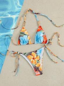 SHEIN Swim Women Casual Vacation Random Floral & Leopard Print Halter Neck Triangle Top And Tied Side Bikini Bottom Set