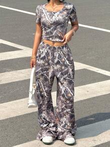 INAWLY 2pcs Women's Camouflage Short Sleeve Top And Pants Set, Minimalist & Fashionable, Suitable For Summer