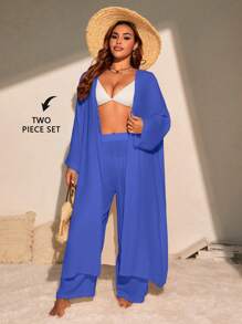 Slaydiva 2pcs Basic Casual Long Cover Up Set, Plus Size For Summer Beach Vacation - Royal Blue - View 1