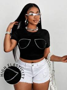 Maweii Plus Size Sexy Style Metal Zipper Short Sleeve T-Shirt - Black - View 1