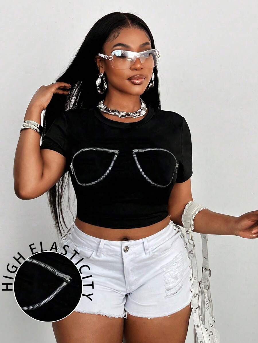 Maweii Plus Size Sexy Style Metal Zipper Short Sleeve T-Shirt - Black - View 1