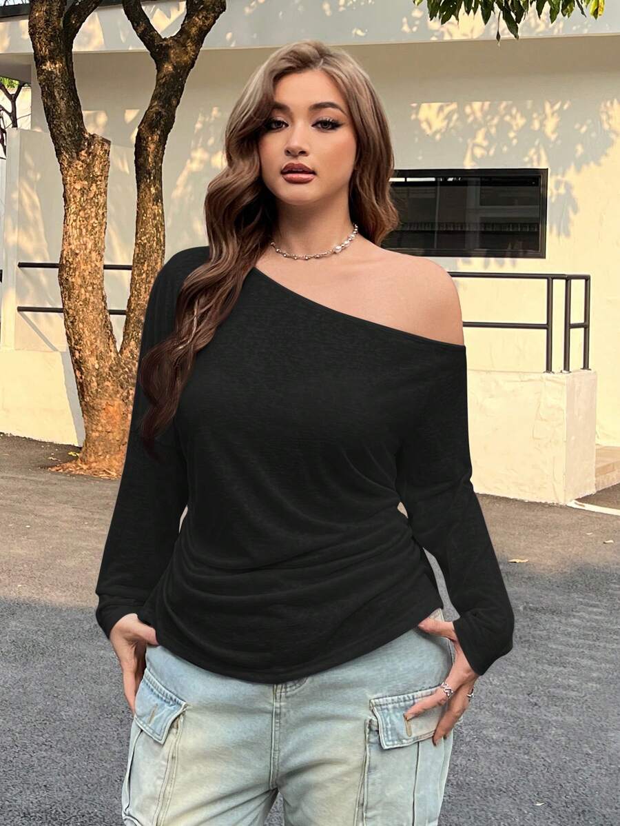 Muchica 大码女装,西服女装,休闲斜肩半透明长袖T恤,黑色 - 黑色 - 查看 1