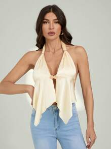 SHEIN Tall Halter Metal Buckle Decor Satin Tie-Up Fashionable Going Out Party Sexy Champagne Women Camisole