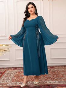 Modelyn Vestido elegante de talla grande para mujer con manga abullonada, plisado y cintura anudada en unicolor