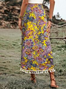 Breezaya Gonna lunga con stampa paisley, orlo arricciato con nappe, outfit da vacanza in spiaggia per donna