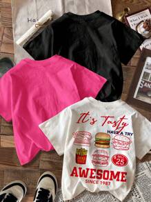 SHEIN 3pcs/Set Casual Minimalist Cartoon Pattern T-Shirts For Young Girls, Suitable For Summer