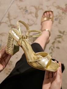 CUCCOO TILAWA Women's Gold Square Toe Thick High Heel Slides, Woven Pattern High Heels Sandals - Gold - View 1