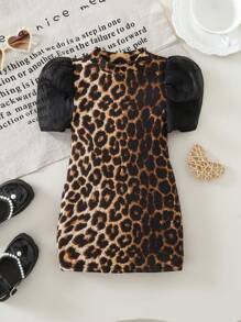 SHEIN Leap Crew Cute Summer Baby Girl Elegant Leopard Print Knit Short Sleeve Dress - Multicolor - View 1