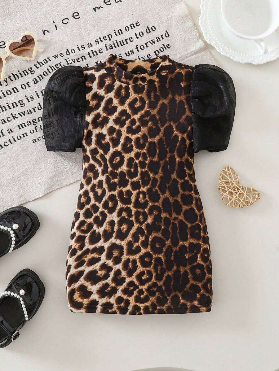 SHEIN Leap Crew Cute Summer Baby Girl Elegant Leopard Print Knit Short Sleeve Dress - Multicolor - View 1