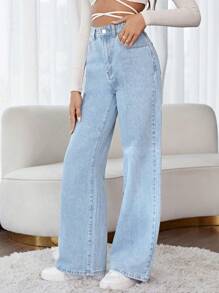 SHEIN Frenchy Casual Everyday Floral Embroidery Slant Pocket Washed Denim Pants Winter Chic