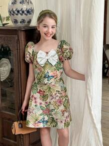 2pcs Tween Girl Vintage Palace Floral Puff Sleeve Top With Bow Decor & Tutu Skirt 2pcs Set, Suitable For Party, Gathering, Afternoon Tea, Filipiniana Terno - Green - View 3