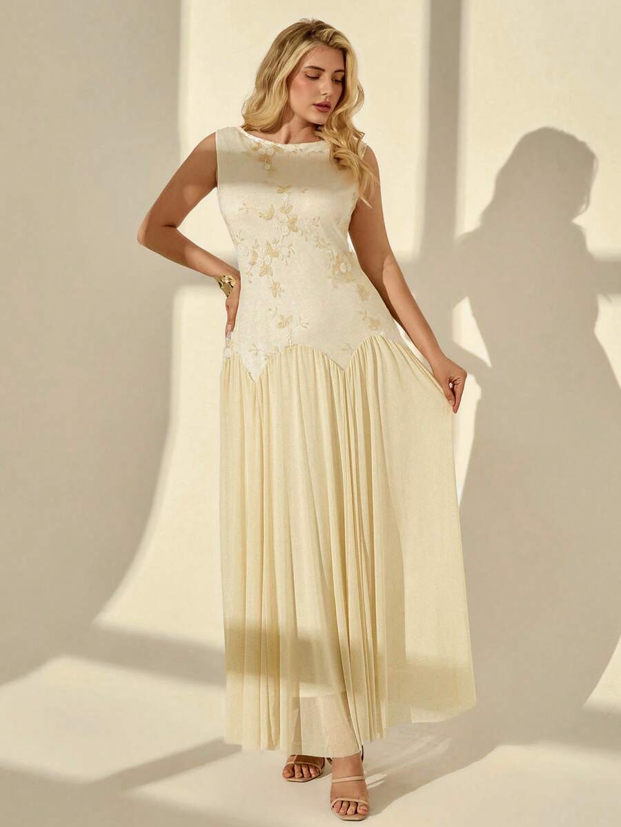 Auralis 大码派对服装、演唱会服装、教堂礼服、邮轮服装、夏季连衣裙、度假服装、沙滩服装、生日礼服、优雅无袖网纱刺绣花朵面料长款连衣裙、毕业礼服、婚礼宾客礼服、度假连衣裙、正式场合礼服 - 杏色 - 查看 1