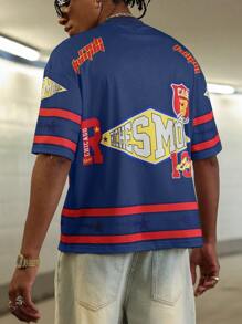 Manfinity Streetrush Tricou casual cu mânecă scurtă, cu decolteu în V, imprimeu cu litere, pentru bărbați