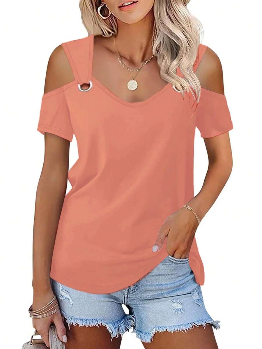 INAWLY Women's Solid Color Metal Ring Decor Open Shoulder Short Sleeve T-Shirt - Dusty Pink - View 1