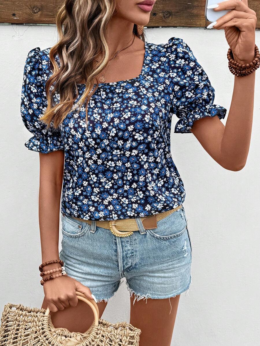 Breezaya Vacation Casual Ditsy Floral Square Neck Puff Sleeve Shirt - Black - View 1