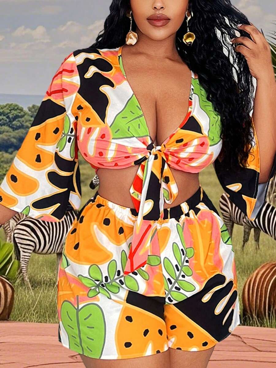 Slaydiva Plus Size Fitted Floral Print Cropped Top And Shorts 2 Pieces Set, Suitable For Spring/Summer Vacation - Multicolor - View 1