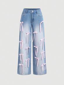 Breezaya Women's Loose Casual Jeans With Pockets And Bow Decor Wide Leg Pants - Light Wash - View 1