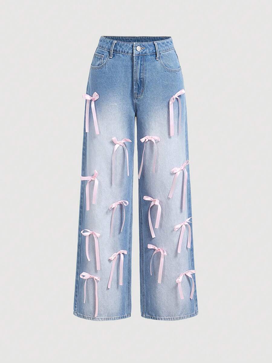 Breezaya Women's Loose Casual Jeans With Pockets And Bow Decor Wide Leg Pants - Light Wash - View 1