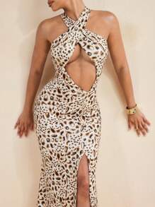 LUNA B Leopard Print Cut Out Sleeveless High Sexy Slit Cross Halter Neck Maxi Dress Party Summer Women Maxi Dress - Multicolor - View 1