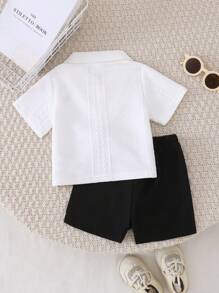 SHEIN 2pcs/Set Baby Boys 2 In 1 POLO Collar Short Sleeve Shirt & Shorts Outfit, Textured Fabric Design, Gentleman & Cute Style, Versatile & Comfortable For Baby Boy Summer Wear - Multicolor - View 2