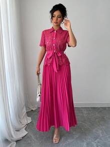 Gloray 2 Pieces Set: Elegant Embroidered Shirt Collar Single Row Pearl Button Pleat Skirt For Women, Casual - Hot Pink - View 5