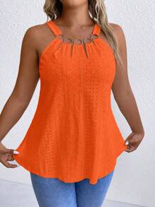 EMERY ROSE Áo ba lỗ thêu họa tiết vòng rỗng màu trơn cỡ lớn mùa hè - trái cam - Xem 3