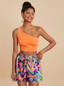 Travachic Set de 2 piezas Conjunto de top de tirantes finos de unicolor y shorts con estampado total para mujer, conjuntos de vacaciones para mujeres, conjunto de dos piezas para mujer