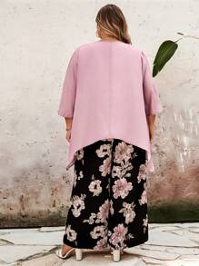 SHEIN CURVE+ Two Pieces Set Of Plus Size Women's Casual Pink Floral Pattern Printed Seven Quarter Sleeves Long Pants, Curve Plus, Boho Vacation Beach Outfits For Woman/Beach /Beach Vacation Outfits/Beach Essentials / Graduation/Tea Party  - Pink - View 2