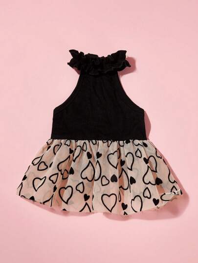 PETSIN 1pc Pet Universal Black Knit Patchwork Heart Net Tulle Sweet Cute Fluffy Princess Dress, Comfortable Dog Dress