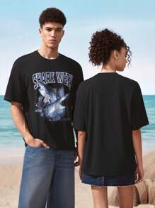Shark Week X SHEIN 男士休闲字母与鲨鱼印花圆领短袖T恤，夏季 - 黑色 - 查看 3