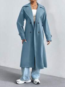 Flirla Women's Solid Color Double-Breasted Long Sleeve Long Trench Coat Fall Winter Cloth For Women - Blue - View 6