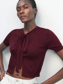 Maija Women's Red Rib-Knit Tie Neck Crop Sweater: Short Sleeve Casual Knitwear Top - Red - View 2