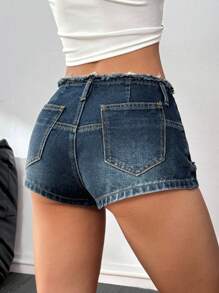 SHEIN PETITE 女式超低腰迷你牛仔短裤，蓝色