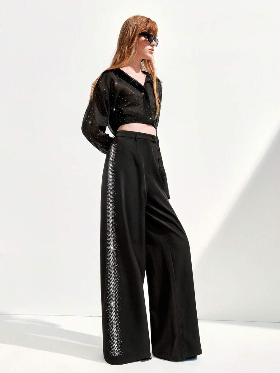 SHEIN LUNE Women's Black Woven Fabric Party Pants With Rhinestone Detailing And Zipper Closure Fall Cloth For Women - Black - View 1