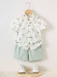 Cozy Pixies Set de 2 piezas compuesto por un cárdigan de manga corta con cuello y estampado de palmeras, y un short de cintura elástica para niñas