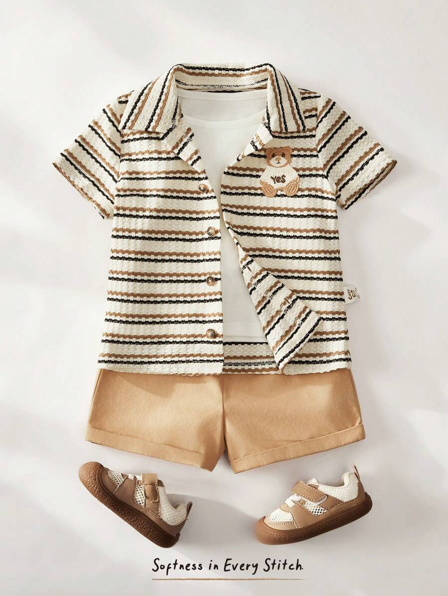 Cozy Pixies 3pcs/Set Baby Boy Colorful Stripe Collar Short Sleeve Cardigan, Round Neck Short Sleeve Pullover, And Elastic Waist Shorts - Multicolor - View 1