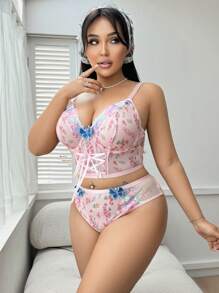 SHEIN 2 pezzi Completo intimo coordinato di reggiseno con ferretto e perizoma in rete ricamata per taglie forti
