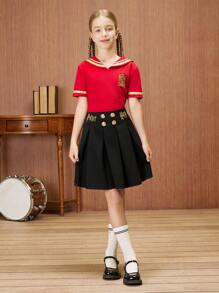 HARRY POTTER X SHEIN Tween Girl Button Decor Letter Print Black Pleated Mini Skirt - Black - View 6