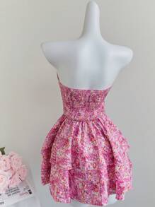 Elamini 女士粉色碎花束腰系带双荷叶边下摆露背迷你连衣裙，休闲度假优雅 - 彩色 - 查看 2