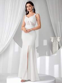 Coutiva Robe de soirée élégante avec ornements de chaîne, cadeau de remise des diplômes, robe de cérémonie pour femmes, robe longue, design perlé, sequins, robe d'été à bretelles pour femmes, robe de soirée, pour invités de mariage - Blanc - Voir 4