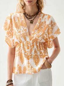 Florisole Women's Boho Woven Fabric Blouse With Deep V Neck And Short Sleeves Featuring A Chic Wrap Design And Regular Hem - Multicolor - View 3