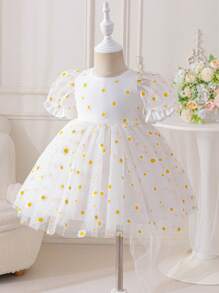 SHEIN Glamorique Kids 女婴优雅雏菊印花泡泡袖连衣裙 - 白色 - 查看 2