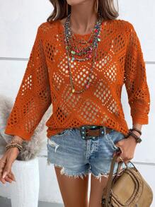 EMERY ROSE Women's Solid Color Round Neck Batwing Sleeve Hollow Out Loose Knitted Sweater Fall Winter - Orange - View 4